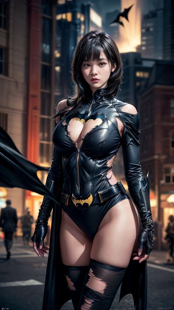 (nsfw:1.1)、((Cowboy Shot))、Mature Woman、(masterpiece, Highest quality), Intricate details, 8K, 1 Girl, Long Hair, Bowl Cut Hair,((blunt bangs))、 Black Hair,((Batman suit with intricate and detailed design)),Skyscraper, city, building,street,((Delicate painting)),(Detailed RAW photos of girls), (Pieces fly:1.25), (Highest quality:1.6), (Ultra-high resolution:1.5), (Photorealistic:1.75), 8K resolution, Canon EOS R5, 50mm, Confused, Very detailed,Cinema Lighting、(((Super big breasts)))、Leg spread、The abdomen is visible、((Separate suits))、Ultra-detailed and intricately decorated Batman knee-high socks、Sexy pose、Batman bikini with delicate and detailed embellishment、(((Ripped and tattered suit:1.1)))
