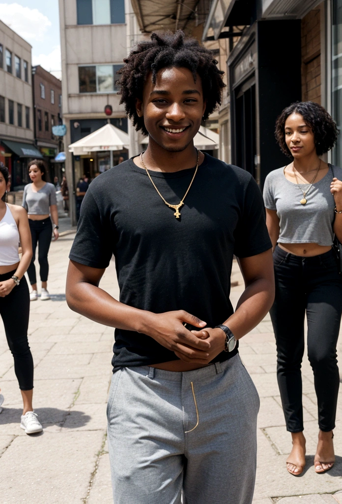 A vibrant street scene in an urban environment during the day. The focus is on a young, athletic, and smiling Black man with short curly hair. He is wearing a casual gray t-shirt with bold blue text and black pants. He has a gold necklace and a black wristwatch. He is standing confidently with one hand in his pocket and the other relaxed at his side. The background shows a busy street with people walking and shops with visible signs. The atmosphere is lively and the overall mood is friendly and relaxed.