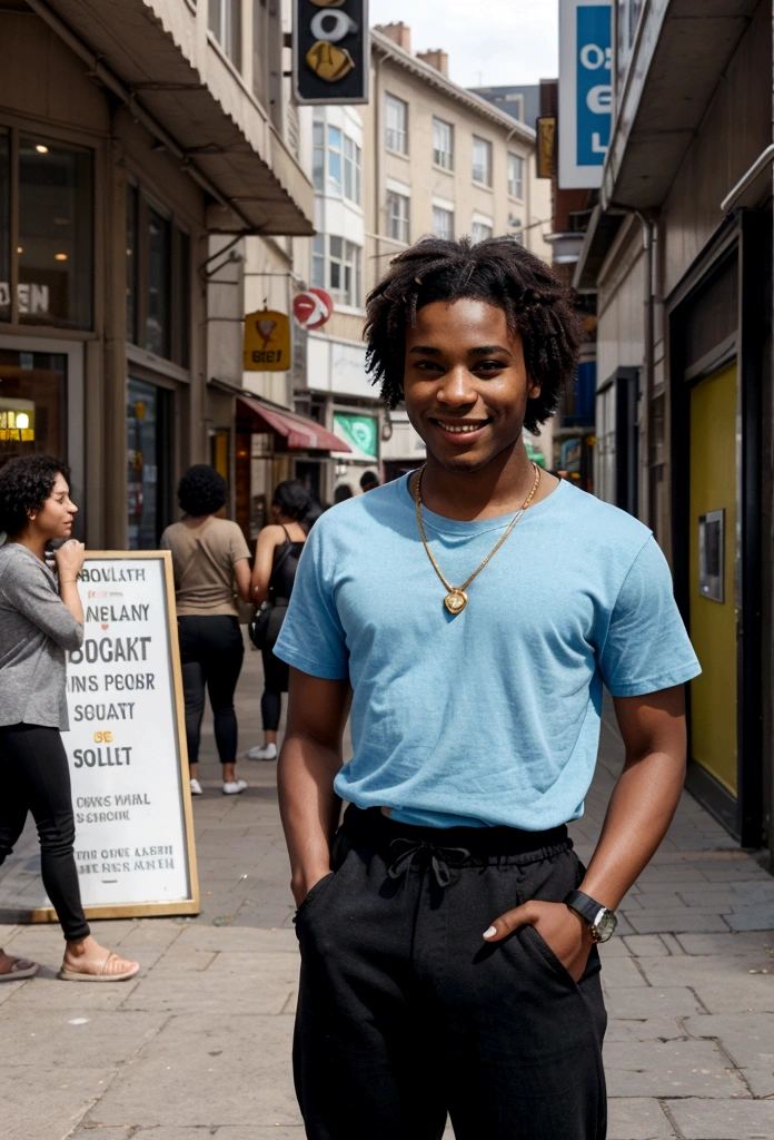 A vibrant street scene in an urban environment during the day. The focus is on a young, athletic, and smiling Black man with short curly hair. He is wearing a casual gray t-shirt with bold blue text and black pants. He has a gold necklace and a black wristwatch. He is standing confidently with one hand in his pocket and the other relaxed at his side. The background shows a busy street with people walking and shops with visible signs. The atmosphere is lively and the overall mood is friendly and relaxed.