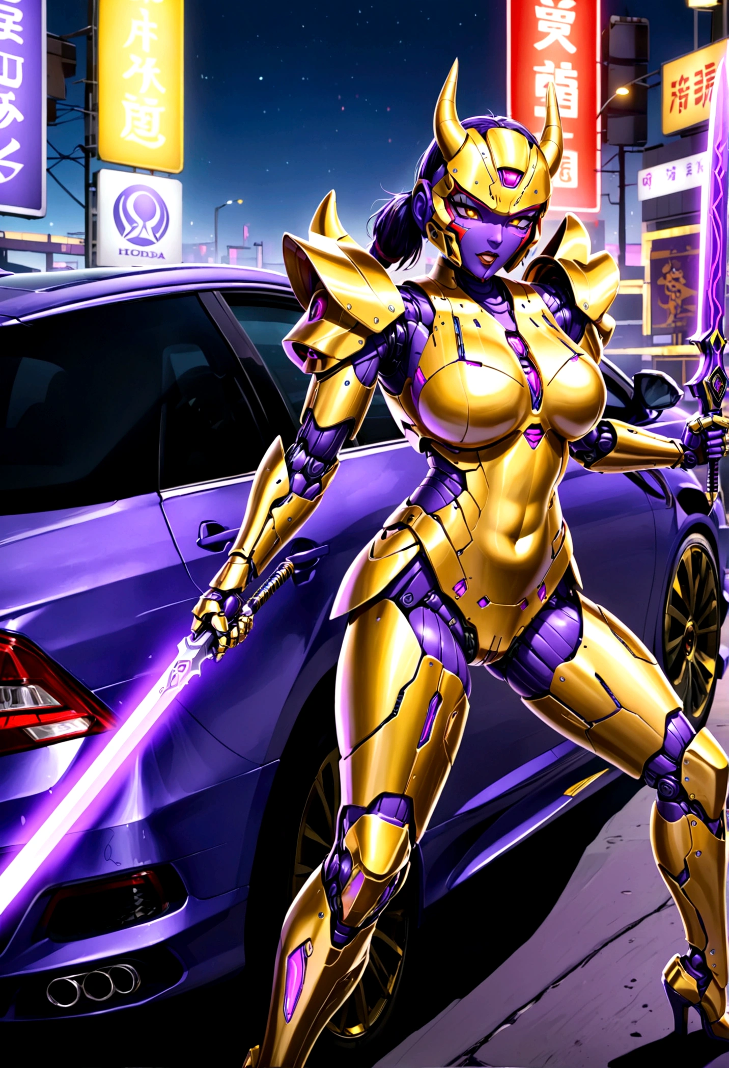 a robotic samurai, insectile body plates, demon mask, obvious robotic joints, neon highlights, gold and purple color scheme, Honda logo, striking a combat pose, wielding a laser sword, car trade show, best quality, 4k, 8k, highres, masterpiece:1.2, ultra-detailed, realistic, photorealistic, photo-realistic:1.37, HDR, UHD, studio lighting, ultra-fine painting, sharp focus, physically-based rendering, extreme detail description, professional, vivid colors, bokeh, science fiction, concept art (only one laser sword)