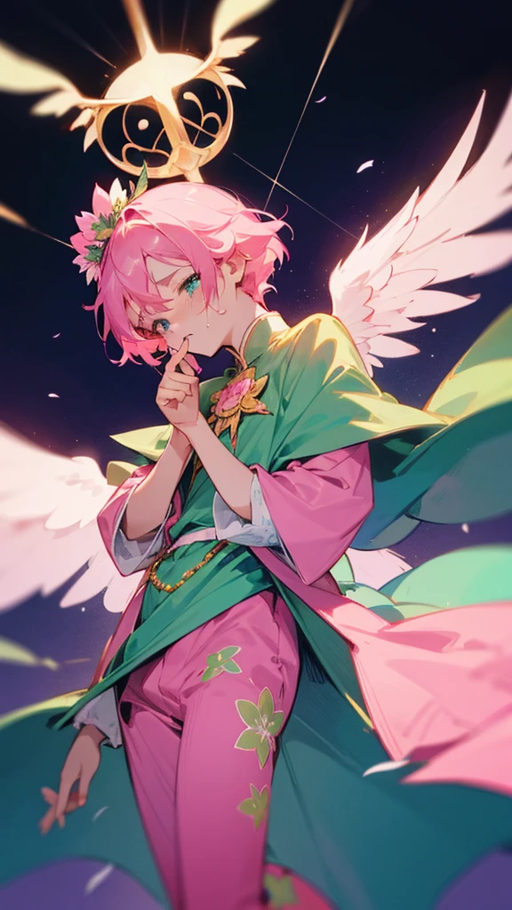 A man with short pink hair and bright blue stars. His face was hopeless and crying. He was tall and thin, wearing a green and pink outfit with a flower pattern on it, and green and pink pants with a flower pattern on it. There is a divine crown with a flower pattern attached to it. It has white divine wings with a flower pattern. in mobile phone globe