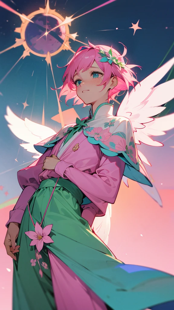 A man with short pink hair and bright blue stars. His face was hopeless and crying. He was tall and thin, wearing a green and pink outfit with a flower pattern on it, and green and pink pants with a flower pattern on it. There is a divine crown with a flower pattern attached to it. It has white divine wings with a flower pattern. in mobile phone globe