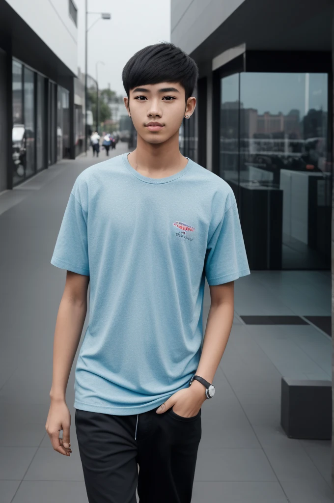 21 year old Beijing boy, he is wearing a oversize xxl blue plain t-shirt, he is wearing black trousers, he is wearing sneakers, he is wearing glasses, city, full body,  he is buzz cut Hair, foot, walking 