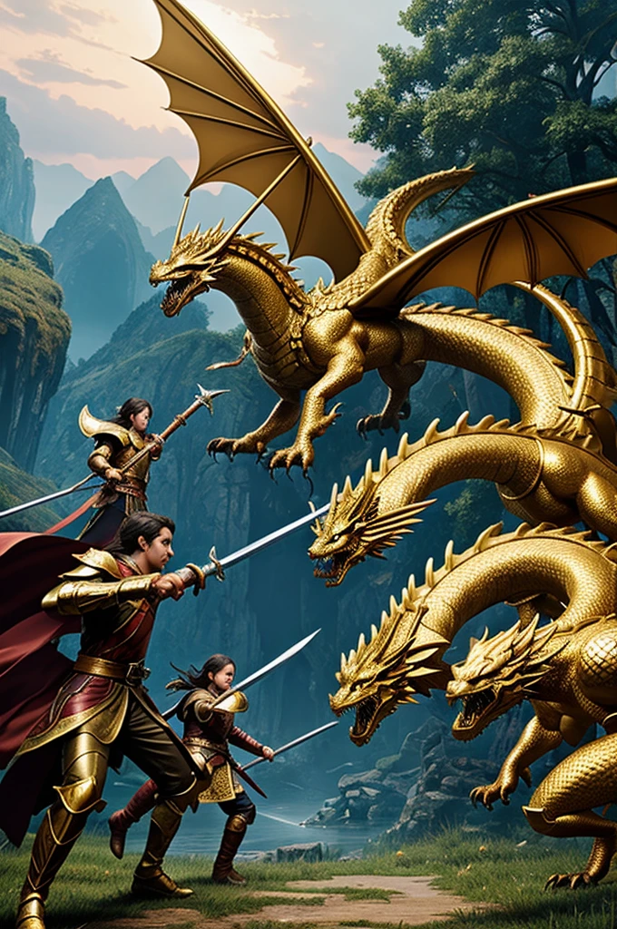 A family of seven fighting with a golden dragon in a fantasy world with magic and swords 