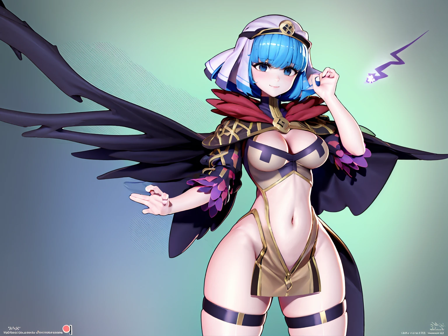 masterpiece, best quality, ultra-detailed, silque, harrieroutfit, smiling, solo, 8k resolution, gorgeous, hourglass figure, close-up, absurdres, cowboy shot, hazel eyes, happy, 2legs, thick thighs, wide hips, huge breasts, electricity covering body, lightning, surrounded by electricity