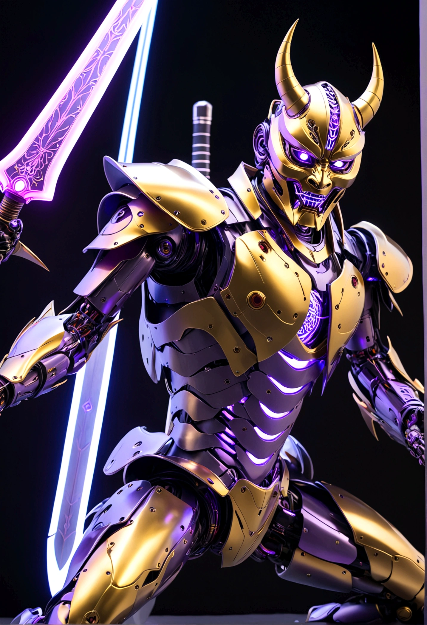 A robotic samurai (insectile body plates, demon mask, obvious robotic joints, neon high lights, gold and purple color scheme, Honda logo) strikes a combat pose wielding a laser sword, car trade show