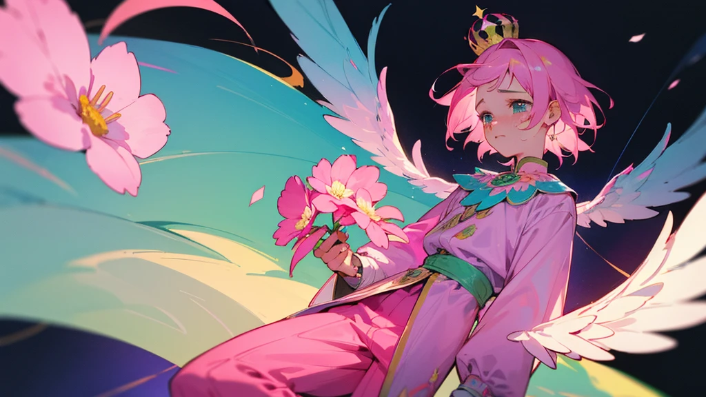 A man with short pink hair and bright blue stars. His face was hopeless and crying. He was tall and thin, wearing a green and pink outfit with a flower pattern on it, and green and pink pants with a flower pattern on it. There is a divine crown with a flower pattern attached to it. It has white divine wings with a flower pattern. in the mobile phone globe
