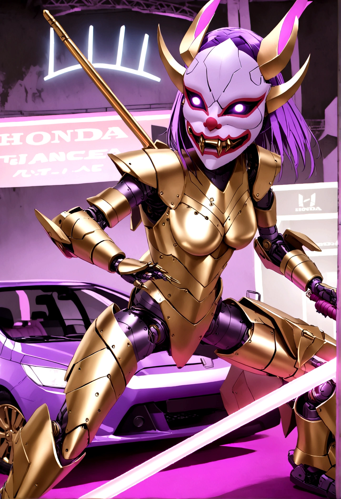 A robotic samurai (insectile body plates, demon mask, obvious robotic joints, neon high lights, gold and purple color scheme, Honda logo) strikes a combat pose wielding a laser sword, car trade show
