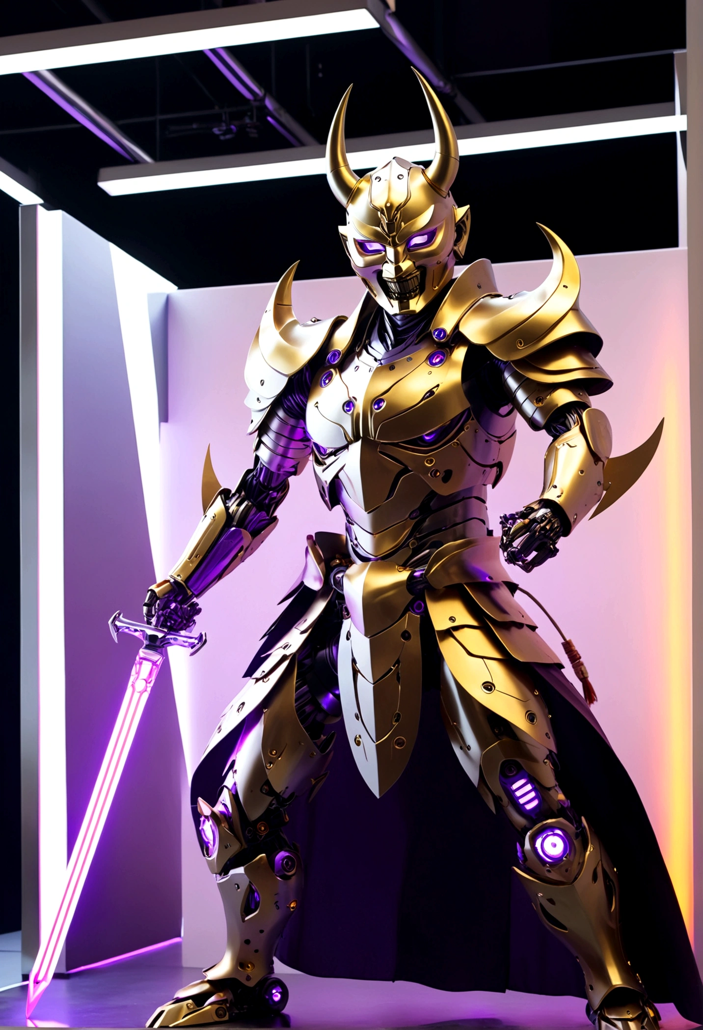 A robotic samurai (insectile body plates, demon mask, obvious robotic joints, neon high lights, gold and purple color scheme, Honda logo) strikes a combat pose wielding a laser sword, car trade show