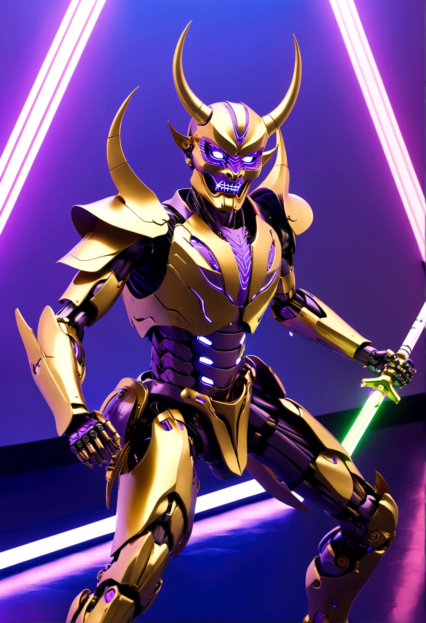 A robotic samurai (insectile body plates, demon mask, obvious robotic joints, neon high lights, gold and purple color scheme, Honda logo) strikes a combat pose wielding a laser sword, car trade show