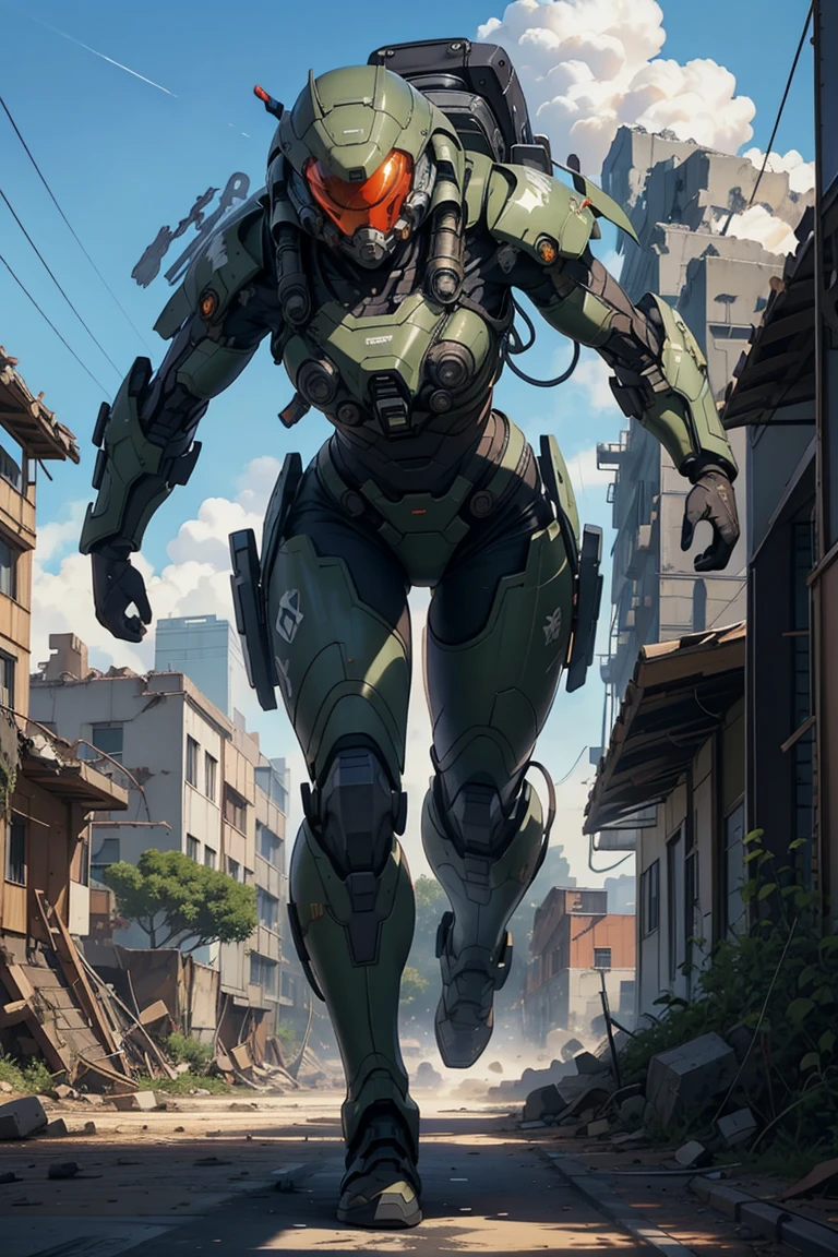 Group of 3 girl wearing mecha battle armor, short dark hair, heavy rocket launcher at the backpack, fullbody shot, holding and shooting big weapon, running at the battle place, explosions, fighting against alien invasion, detailed face, beautiful detailed eyes, beautiful detailed lips, extremely detailed features, hyper detailed, photorealistic, 8k, HDR, physically-based rendering, professional, vivid colors, dramatic lighting, cinematic, sci-fi, concept art, destroyed buildings,