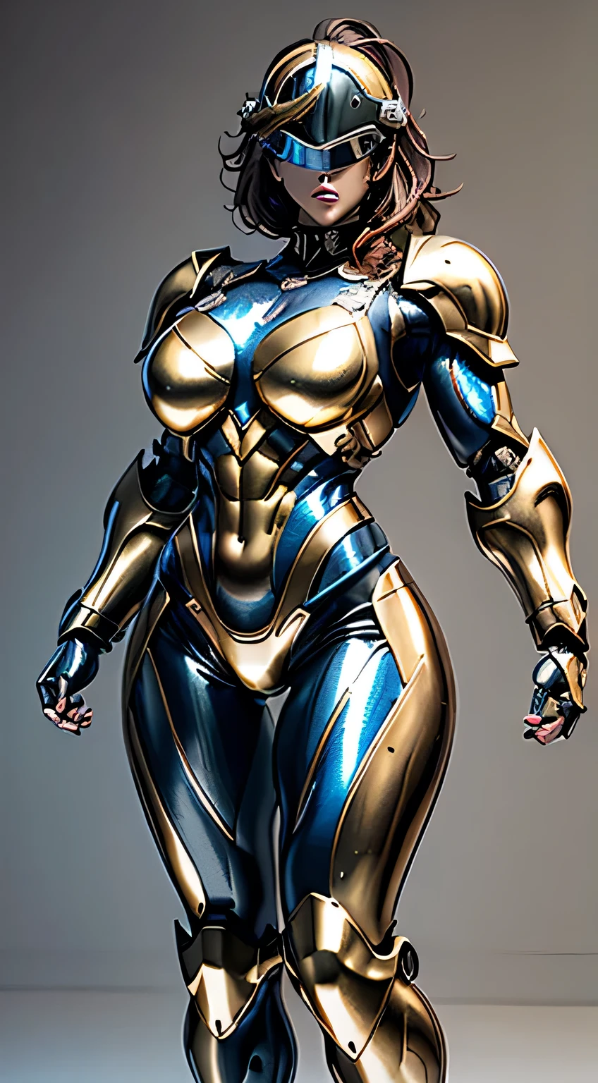 Female Robocop Solo、Bright outdoors、strong light source、8K, high quality, masterpiece, 最high quality, Crisp contrast、Very detailed、Full body armor、Very large armor、Helmet covering the head、Clear photos、His eyes are hidden by thin straight goggles:1.3、The lower half of the face is raw々Shii:1.5、The lower half of the face is exposed、Seductive lips、Metallic Rainbow Metallic Armor、Armor that completely covers the chest、Long, slender legs、Vibrant Posselo Body View,Big and ample breasts:1.5, (Sports Body:1.5)、Five Fingers、Hold a handgun