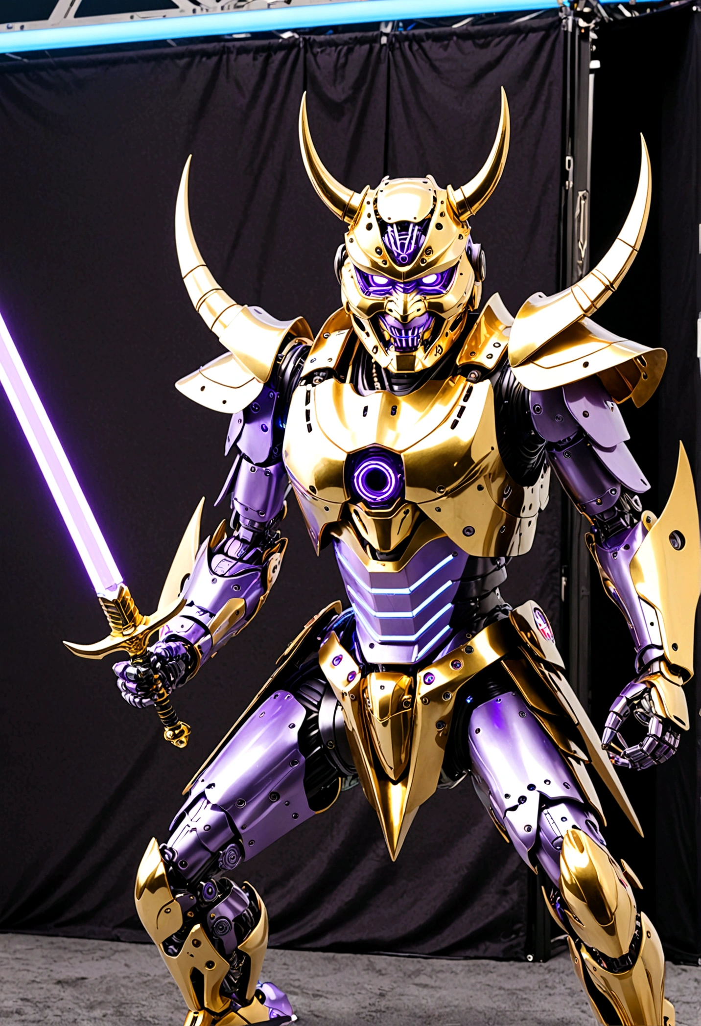A robotic samurai (insectile body plates, demon mask, obvious robotic joints, neon high lights, gold and purple color scheme, Honda logo) strikes a combat pose wielding a laser sword, car trade show