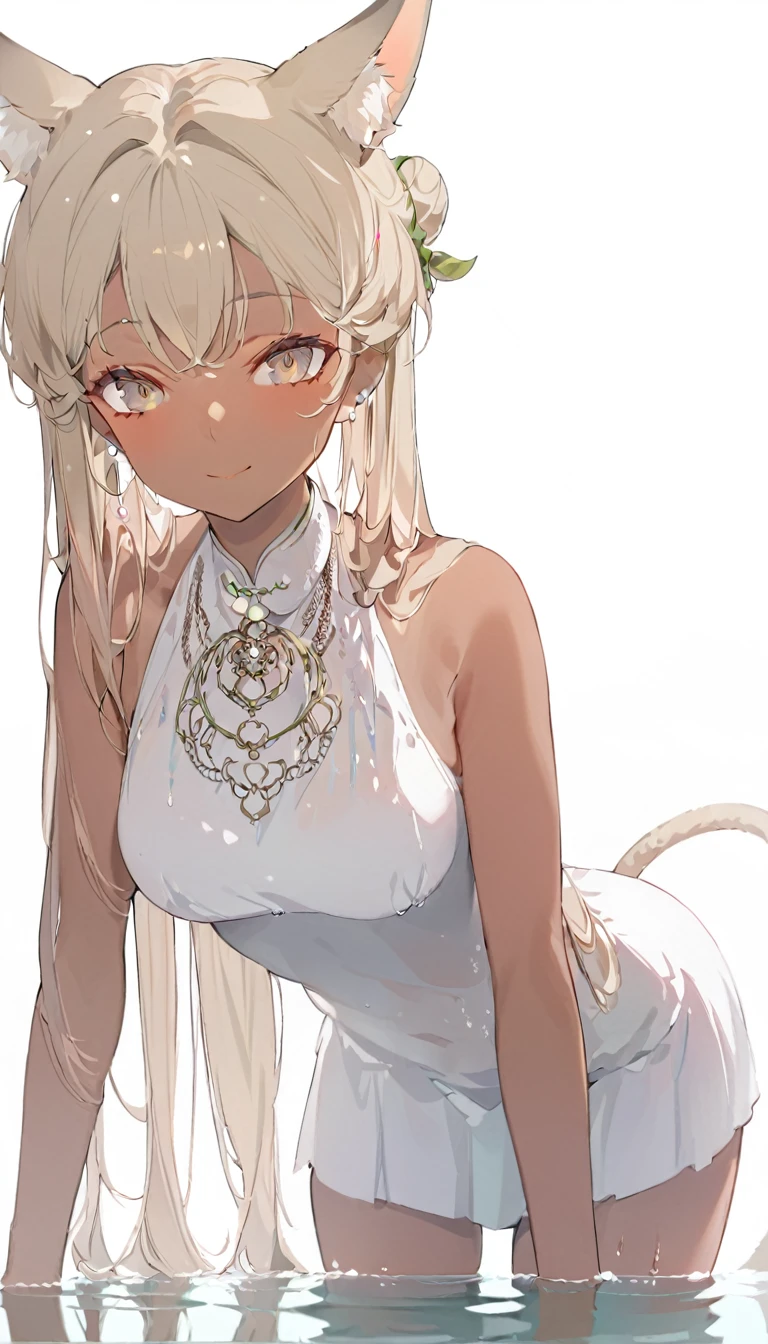 <lora:rabbit_girl_pony:1> score_9, score_8_up, score_7_up, score_6_up, source anime, usausamimi, rabbit girl, 1girl, rabbit tail, rabbit ears, viera, cowboy shot, blush, dark skin, looking at viewer, granblue, erune, white hair, long hair, black dress,