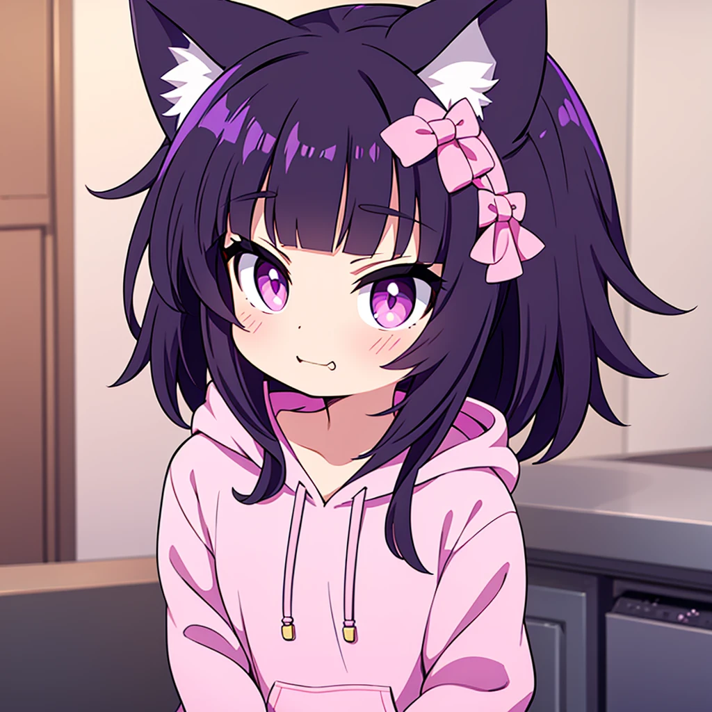 cute cat girl, cat ears, black hair, pink eyes, smug, pink hoodie, only head in frame, straight bangs, medium length hair, purple hair pin, 1 girl