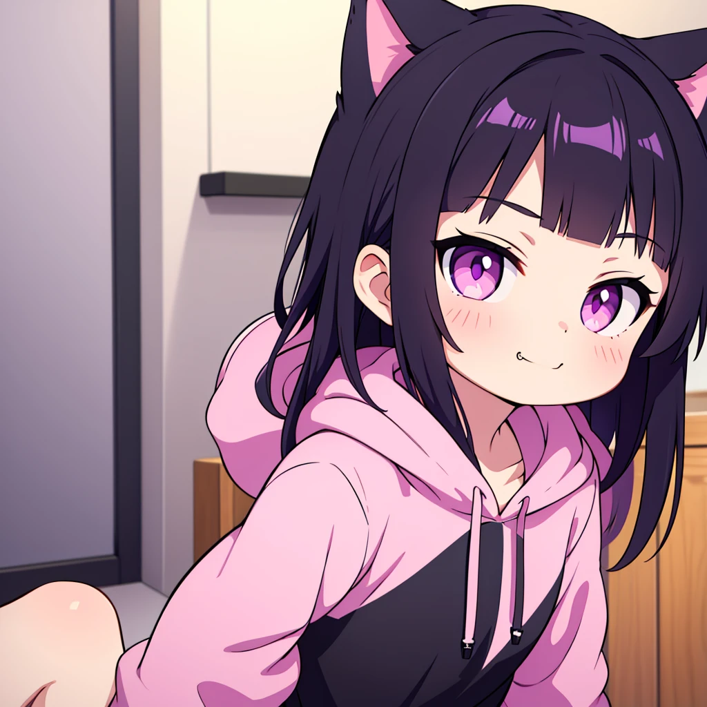 cute cat girl, cat ears, black hair, pink eyes, smug, pink hoodie, only head in frame, straight bangs, medium length hair, purple hair pin, 1 girl