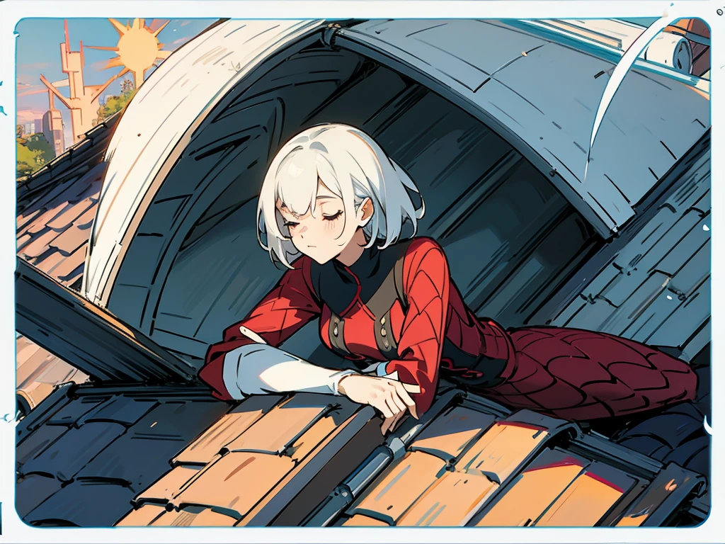 Big-breasted Spider-Gwen is sleeping on the roof of a building, the sun is rising.