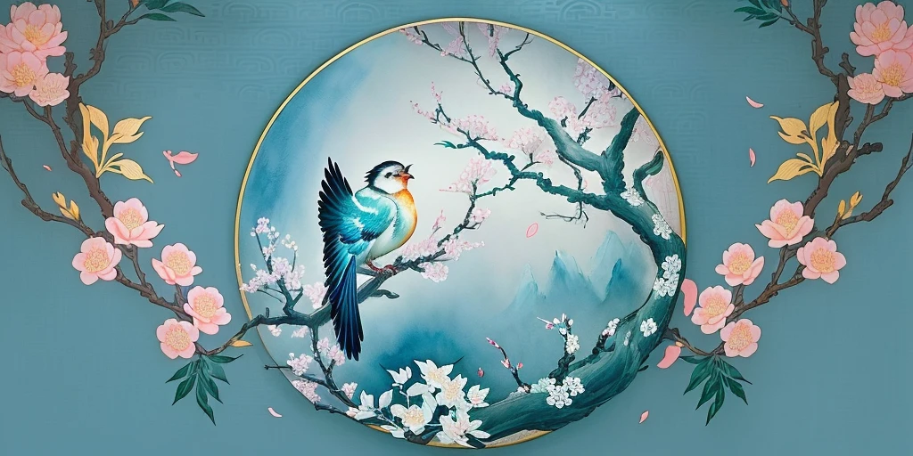 There are two birds sitting on a branch with flowers, Chinese watercolor style, Chinese painting style, Chinese painting, Inspired by Xie Shichen, Inspired by Yun Shouping, Japanese-style, Japanese words related to flowers, Inspired by Mei Qing, Chinese, Inspired by Zhou Shuxi, Describing a flower, Oriental Art Nouveau, Chinese style pattern