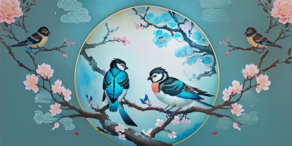 There are two birds sitting on a branch with flowers, Chinese watercolor style, Chinese painting style, Chinese painting, Inspired by Xie Shichen, Inspired by Yun Shouping, Japanese-style, Japanese words related to flowers, Inspired by Mei Qing, Chinese, Inspired by Zhou Shuxi, Describing a flower, Oriental Art Nouveau, Chinese style pattern