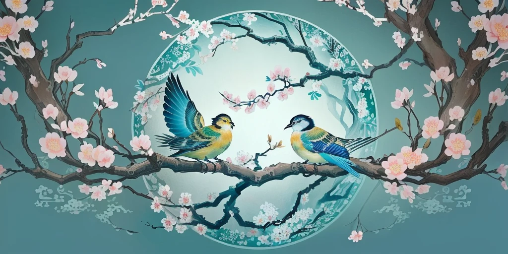 There are two birds sitting on a branch with flowers, Chinese watercolor style, Chinese painting style, Chinese painting, Inspired by Xie Shichen, Inspired by Yun Shouping, Japanese-style, Japanese words related to flowers, Inspired by Mei Qing, Chinese, Inspired by Zhou Shuxi, Describing a flower, Oriental Art Nouveau, Chinese style pattern