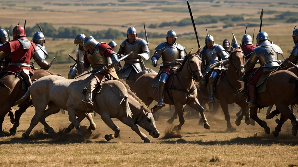 A close-up of a medieval war scene，The fighting was fierce，spectacular，The medieval crusaders fought a lot of terrifying battles(Minotaur team：1.3)，(Overwhelming enemies)，On the plain，eventide，Medieval landscape，Fantastical，4K，best qualtiy，primitive，（(Ultra-detailed and high-precision details))，Photo texture，Reality，Delicate and smooth，Light