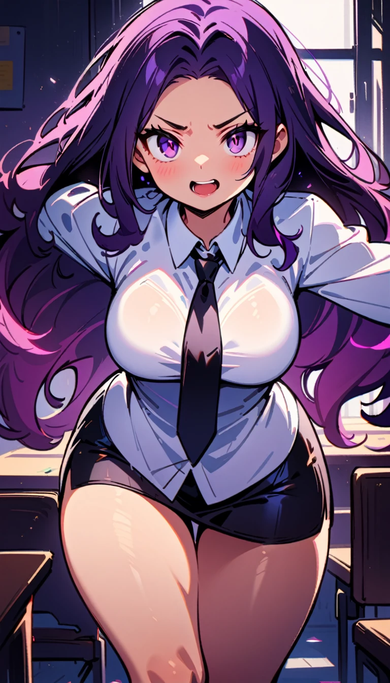(high quality, 8k, 4K, high contrast, artwork:1.2, high quality, best aesthetics), ((1 woman)), erotic, sensual, mature body, super detailed, beautiful face detailed, beautiful eyes detailed, detailed beautiful mouth, sexy body, perfect breats, perfect wide thighs, (long, wavy dark purple hair), (dark purple eyes), (black lipstick), (serious facial expression), (white dress shirt, black tie, short black skirt), (schoolgirl), (standing), (centered) , (looking at the viewer), (empty classroom)
