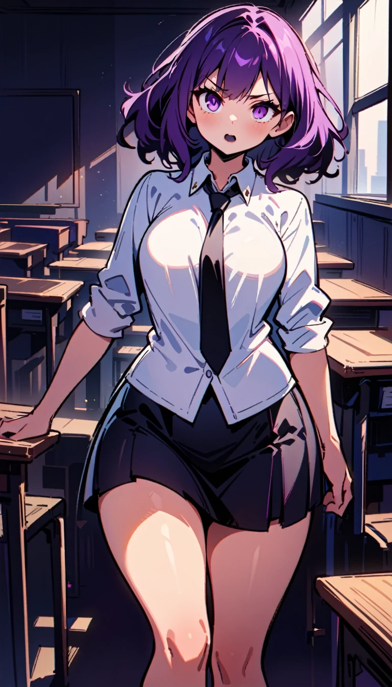 (high quality, 8k, 4K, high contrast, artwork:1.2, high quality, best aesthetics), ((1 woman)), erotic, sensual, mature body, super detailed, beautiful face detailed, beautiful eyes detailed, detailed beautiful mouth, sexy body, perfect breats, perfect wide thighs, (long, wavy dark purple hair), (dark purple eyes), (black lipstick), (serious facial expression), (white dress shirt, black tie, short black skirt), (schoolgirl), (standing), (centered) , (looking at the viewer), (empty classroom)