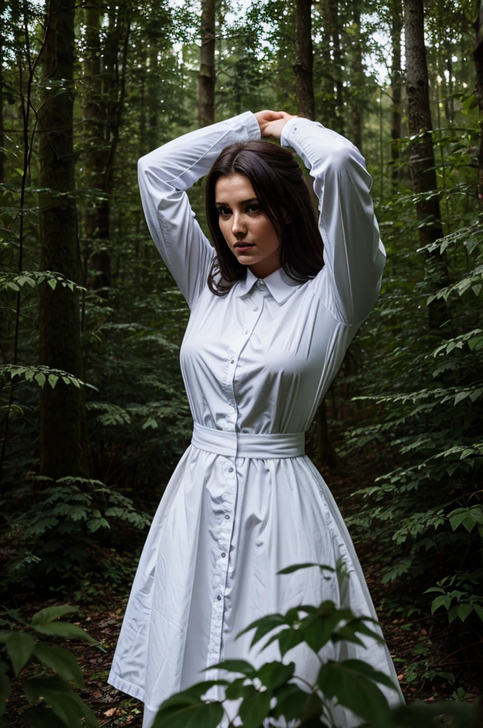 A ma women in white in forest bushes horror full photo in night
