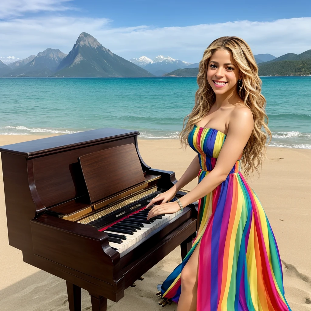Shakira is beautiful, smiling happily, wearing a rainbow-striped silk strapless dress, playing the piano, on the beach, mountains in the distance