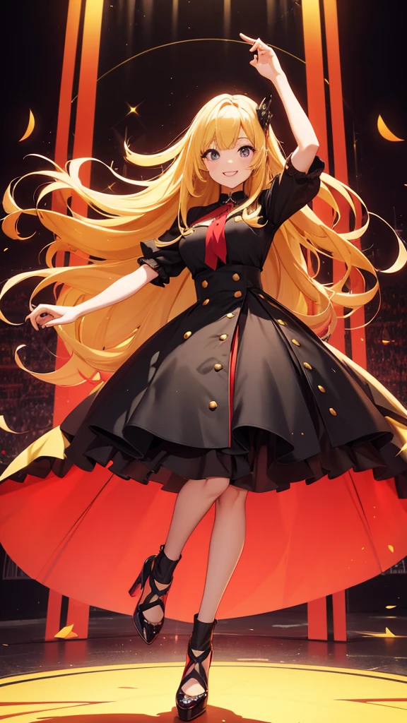 Cute Woman, Full Body, Smiling, Very Long Hair, Dark Yellow Hair, Very Shiny Hair, Red Blouse 1.1, Black Skirt 1.1, Black Heels 1.1, Red Sole 1.1, Jumping, Giant Operated Background