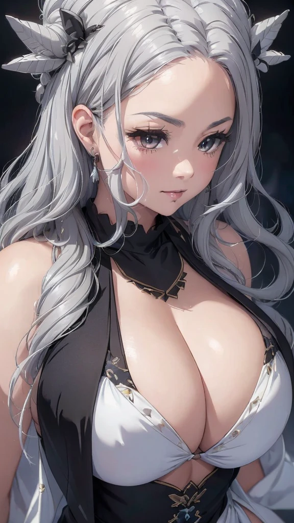 Close-up of a woman with grey hair and a black scarf, Portraits by Jan J., pixiv Contest Winner, Fantasy art, White-haired God, Beautiful character drawings, artwork in the style of Gwaiz, The sharp gaze of the Yuki-onna, Gwaiz, White long hair, of long white hair, Flowing hair and long robes