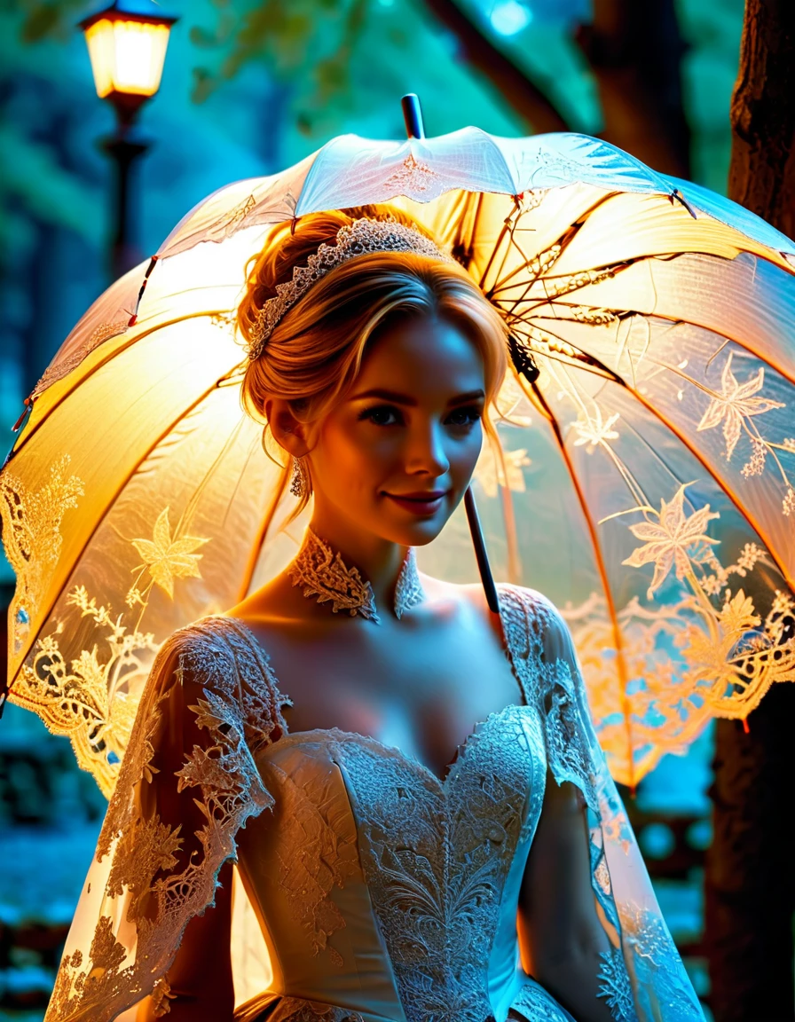 A huge parasol in finely chiseled and openwork frozen fire lace offers shade to a sublime happy and radiant woman walking in a park,  a few small sparks come out of the edges of the umbrella, masterpiece, extremely detailed, sublime and sensual fractal details, openwork lace