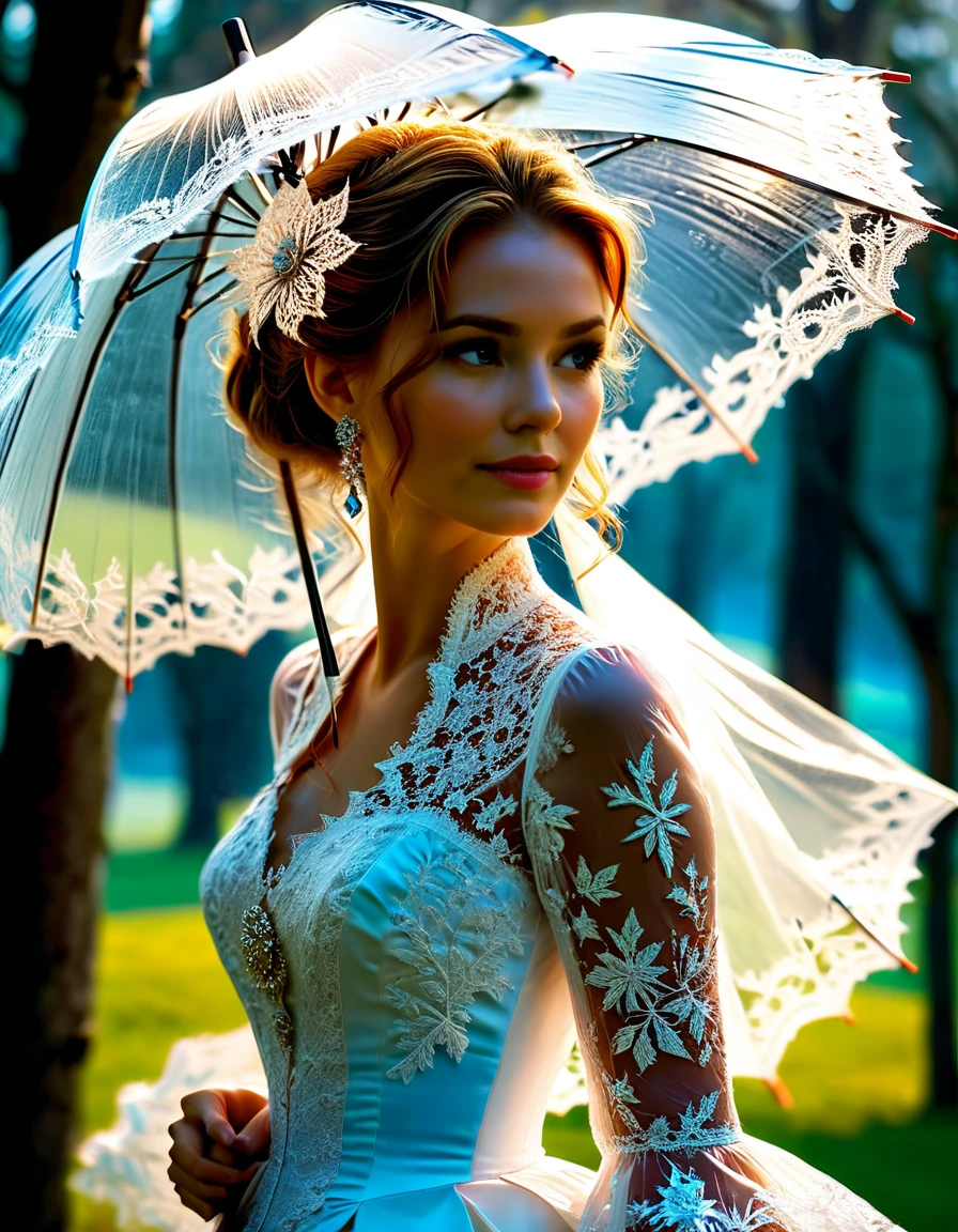 A huge parasol in finely chiseled and openwork frozen fire lace offers shade to a sublime happy and radiant woman walking in a park,  a few small sparks come out of the edges of the umbrella, masterpiece, extremely detailed, sublime and sensual fractal details, openwork lace