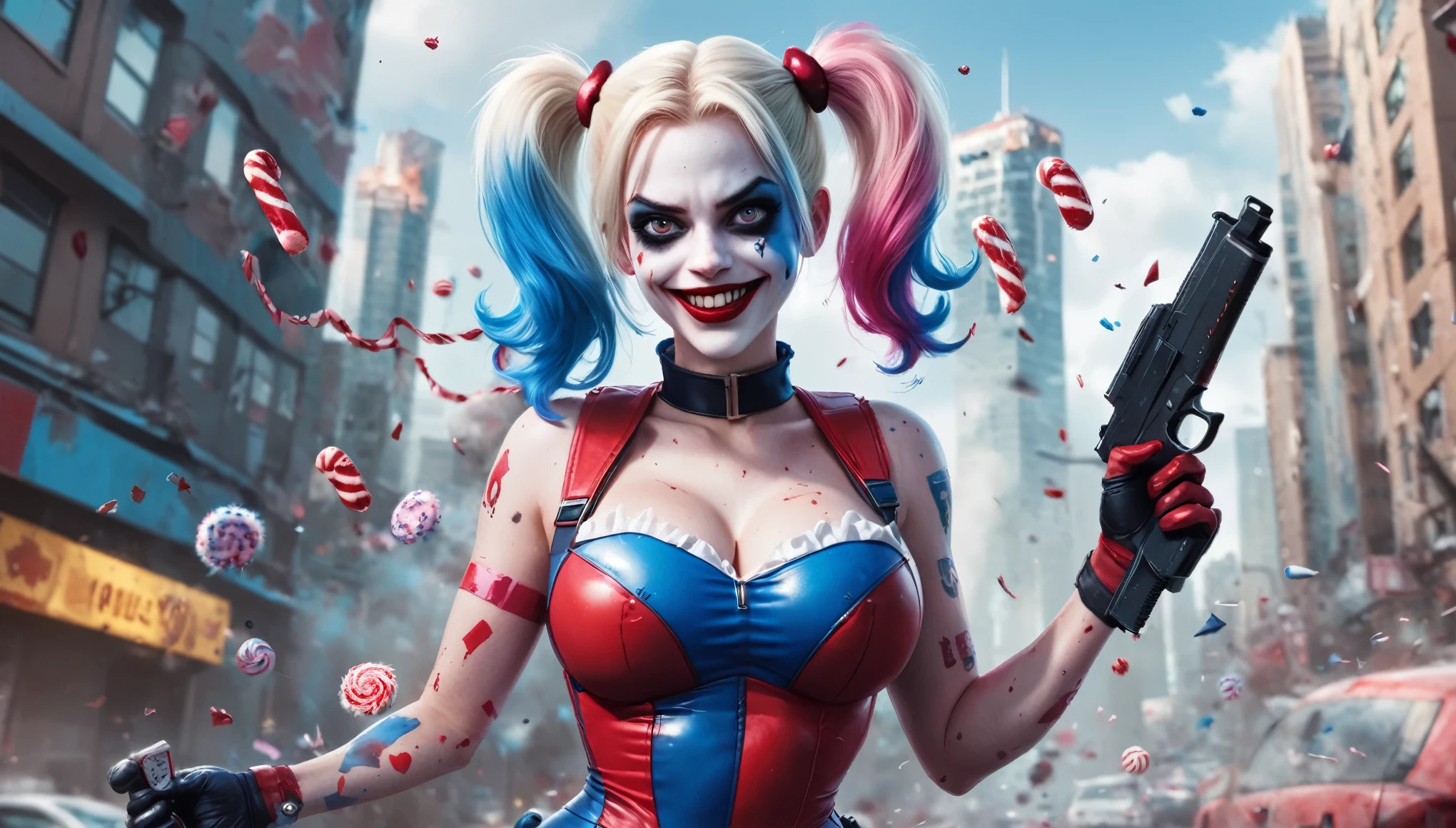 an image of a dynamic and intense comic book character, resembling Harley Quinn, in a vivid and chaotic urban battlefield. The character has a pale face with exaggerated makeup: blue eyeshadow on one eye and red on the other, with matching blue and pink pigtails. She is dressed in a tight, shiny, red and blue jester costume with a white ruffled collar and pom-poms. She is wielding a giant candy cane like a weapon, holding it across her shoulders with a mischievous, wide-open grin. The background features a cityscape in disarray, with exploding cars, flying playing cards, and debris creating a sense of action and chaos. The image should be vibrant, with sharp contrasts and a surreal, high-energy feel. Hyper realistic photo, 16k, vibrant colors