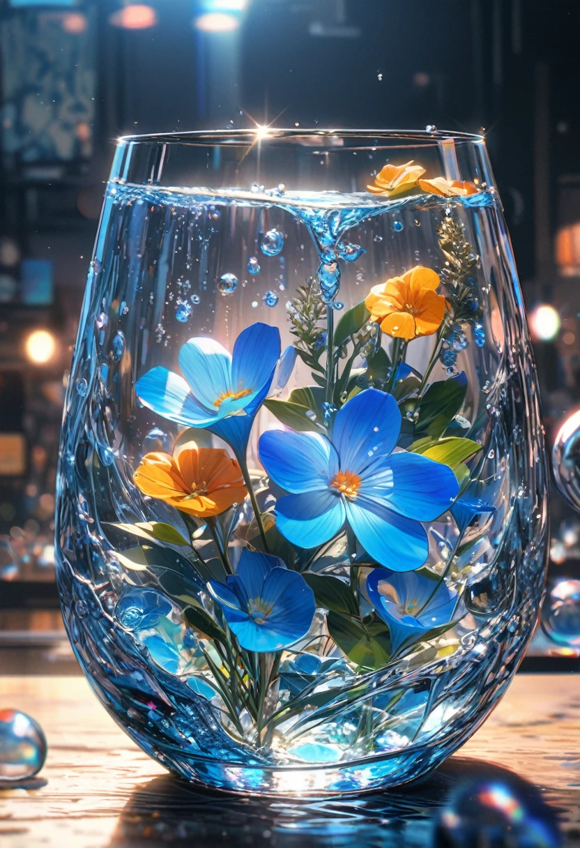 Super detailed, 8K, glass, Water in a glass, Glass flowers, bubble, Right blue water, nice, bright、Blue Hair