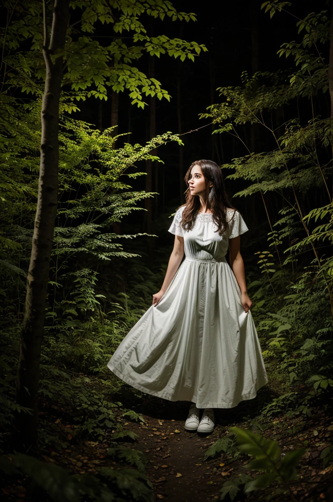 A  women in white in forest bushes horror full photo in night
