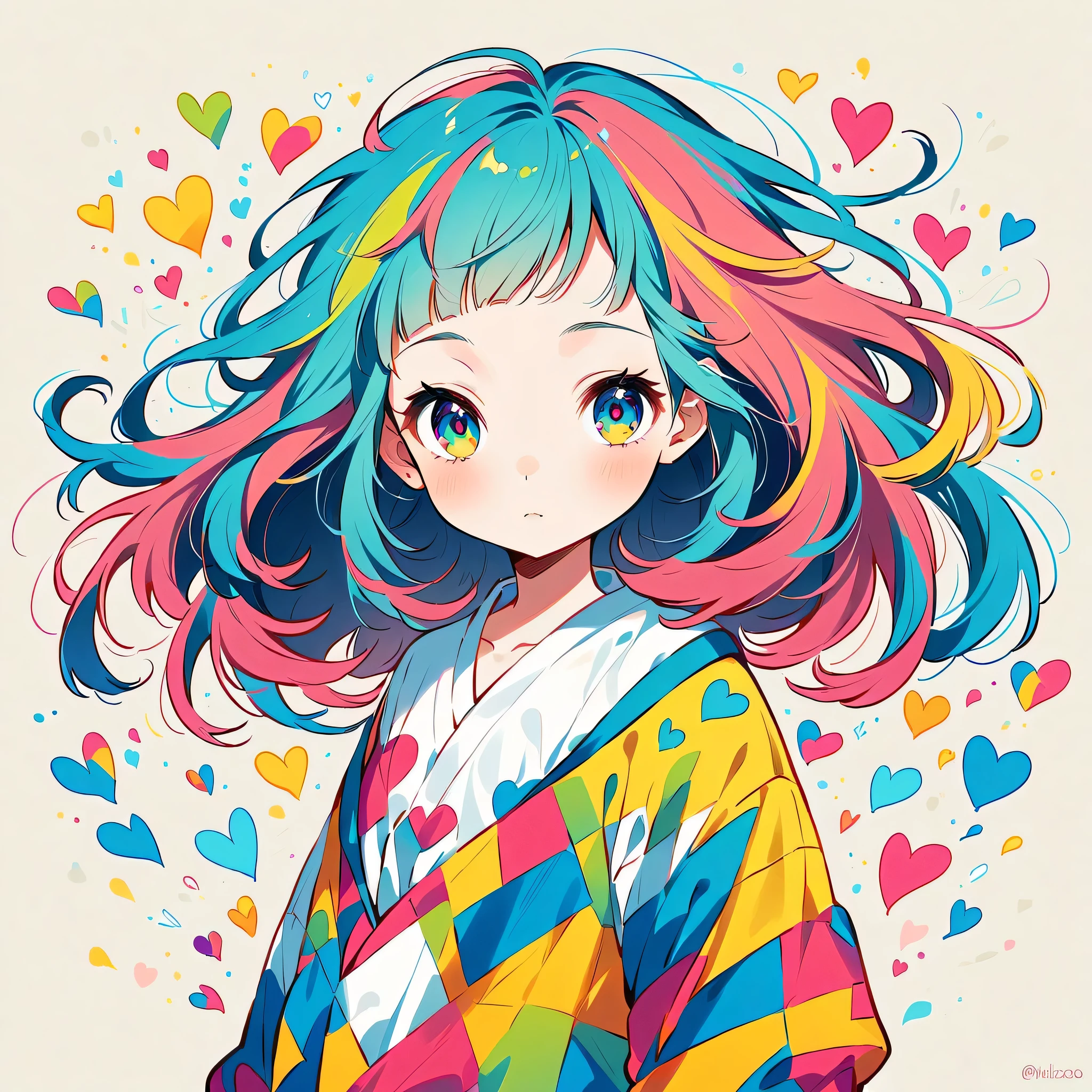Mika Pikazo style, Simple Line Initialism，Abstract art，Urban Background, colorful hearts ,(((The most beautiful girl of all time))),