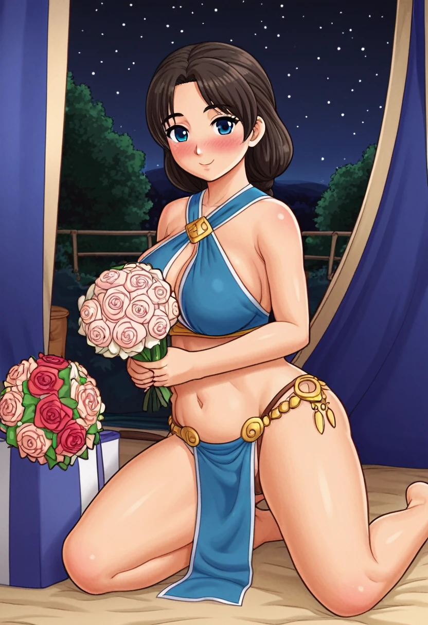 Anime girl, 21 years old, curvy body shapes, Amazon, Sub, oily body, loincloth, sexy clothes, cute look, she is sitting in a tent, night, ascetic interior, bouquet in hands, blush.