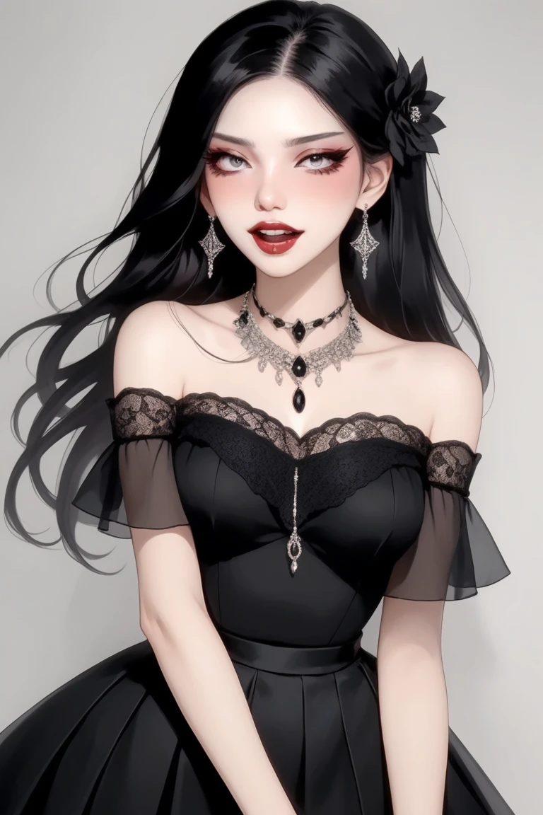 (best quality, sketch:1.2),Practical,ilustrador,1 girl,Delicate lips, ,Fangs,hand,Off-shoulder,Black long hair,Black skirt,Exaggerated jewelry, masterpiece, The style is vintage, Deep Black