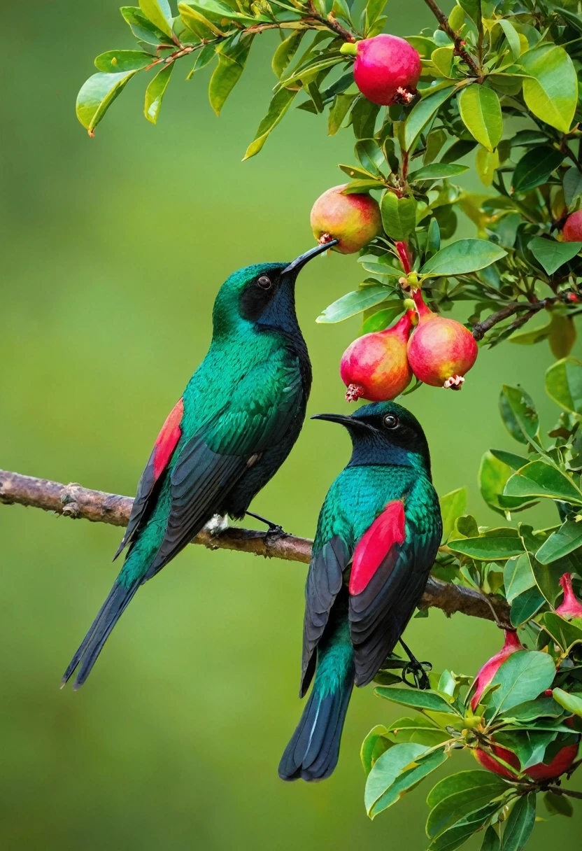 There are two sunbirds flying around the pomegranate tree, Red pomegranate flowers, Green pomegranate leaves，Green bokeh background，By Sudeep Roy, high quality Nature photosgraphy, Photos taken with Nikon D750, Photos taken with Nikon D750, Basuki Abdullah, tropical birds, author：Cold plum, Nature photos, Physical geography photography, award winning Nature photos, author：Peter Churcher System Cancelled
