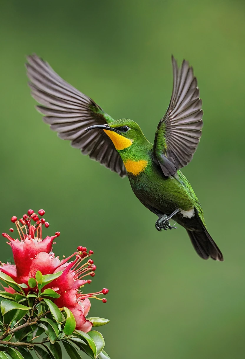 There are two sunbirds flying around the pomegranate tree, Red pomegranate flowers, Green pomegranate leaves，Green bokeh background，By Sudeep Roy, high quality Nature photosgraphy, Photos taken with Nikon D750, Photos taken with Nikon D750, Basuki Abdullah, tropical birds, author：Cold plum, Nature photos, Physical geography photography, award winning Nature photos, author：Peter Churcher System Cancelled
