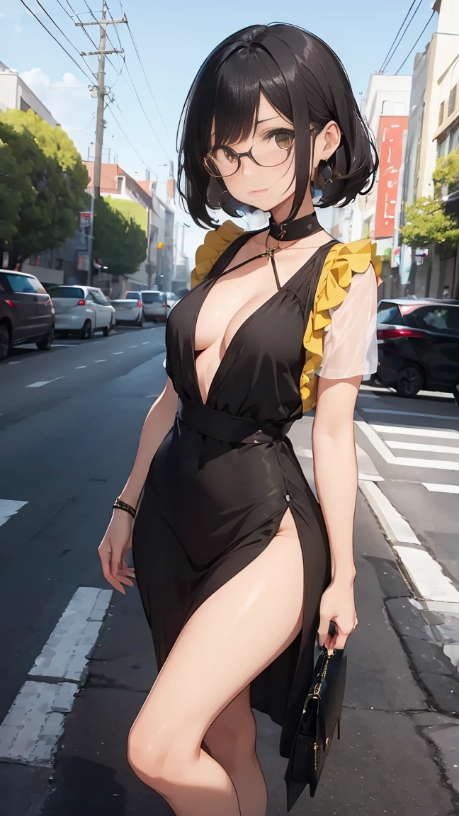 Beautiful woman with shoulder-layered straight black hair with green eyes wearing a Yellow Mock Neck Cut Out Tight And Short Dress, Sexy Criss Cross Mock Neck Dress With Short Sleeves, luxurious jewelry and luxurious necklace, rimless glasses, high heel shoes, standing in the street at night, (caucasian skin), (light brown lipstick), (elegant mascara), (slim body with abs), (small breasts), (wide hips), midjourney, <lora:GoodHands-, <lora:GoodLegs-, UHD, high resolution, (masterpiece:1.9, best quality), (expressive eyes, perfect face, full body, expressive face, perfect body, perfect pussy, athletic, fit, slim body, blushing, Perfect makeup, eyeliner, beautiful eyelashes, smiling, horny face), ((best illumination, best shadows)), ((sexy pose))