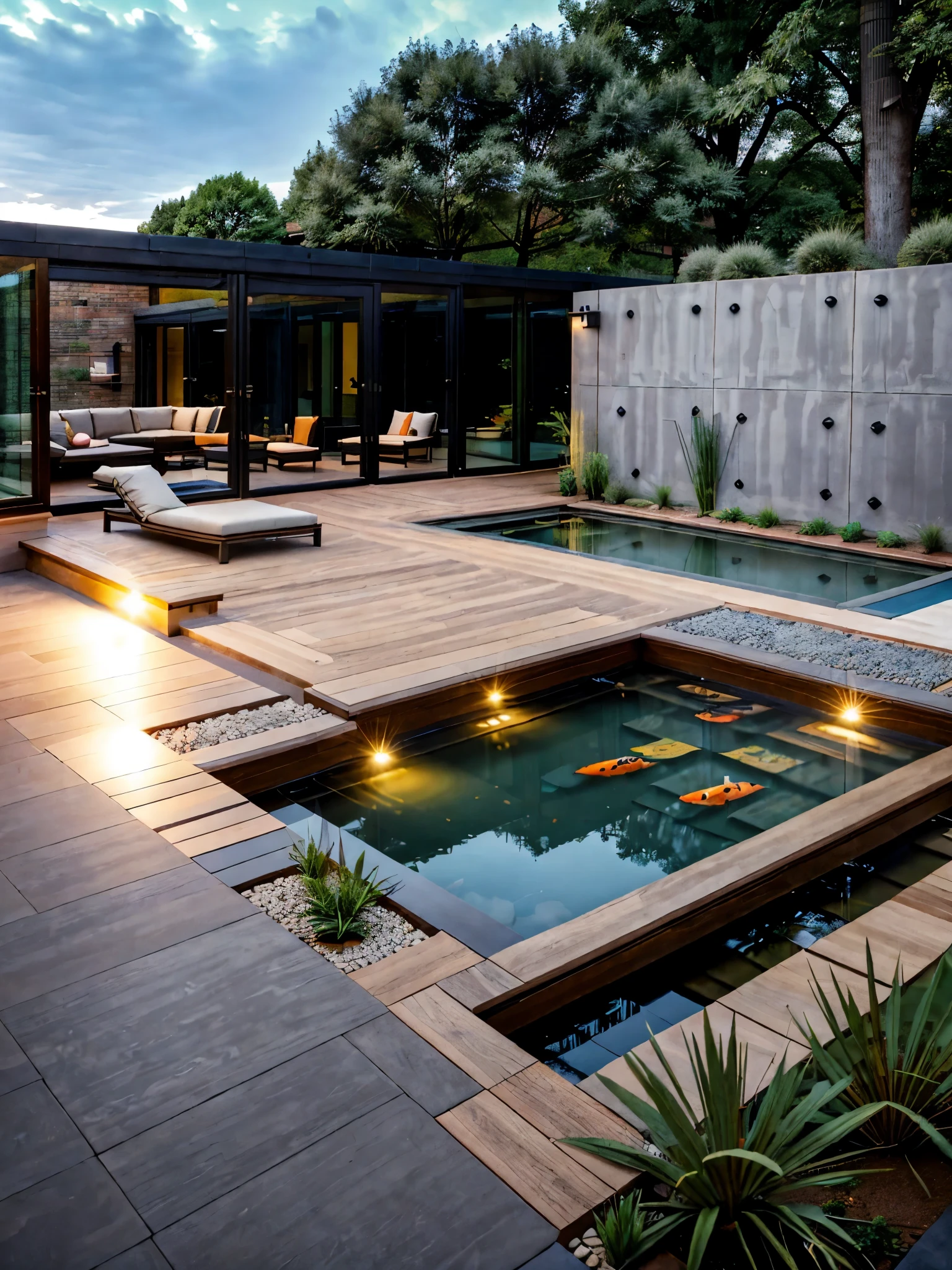 Sunken sitting area, A lounge with brick bench in the middle of a koi pond, a central courtyard with Top-down view, Two rectangular koi ponds, in the middle a brick bench and a bridge area, the koi ponds are connected, aerial view, Outdoor koi pond surrounded by zen garden with a brick bench in the middle and brick bridges