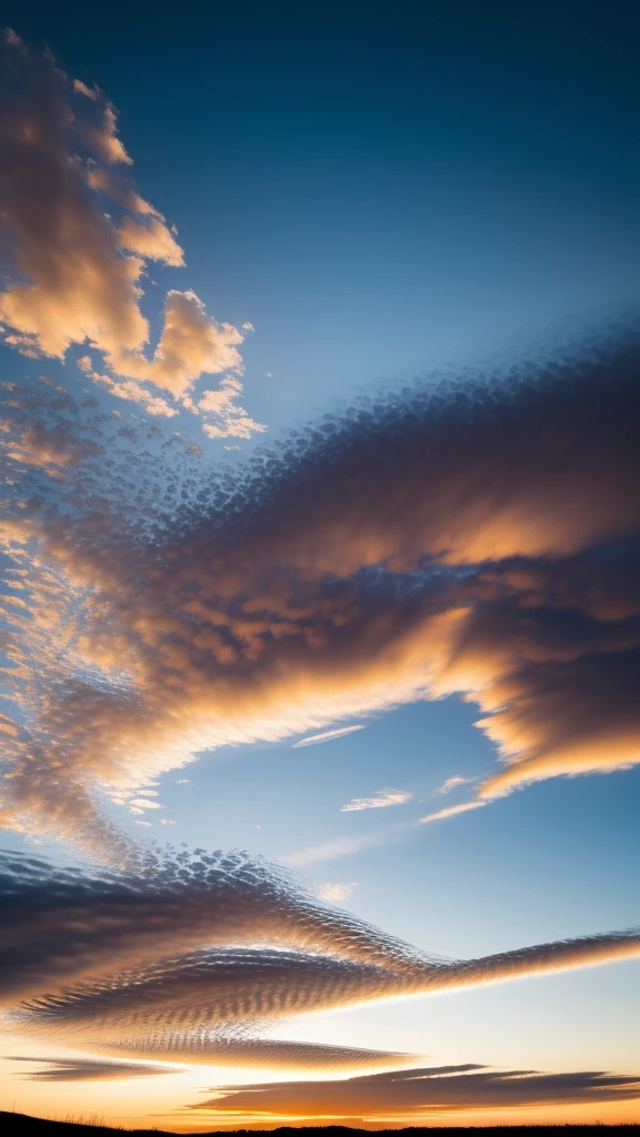 Sky background evening time orange color clouds no buildings in the photo 4k ultra realistic birds shadow present