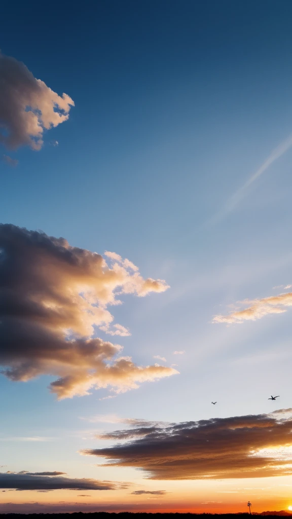 Sky background evening time orange color clouds no buildings in the photo 4k ultra realistic birds shadow present