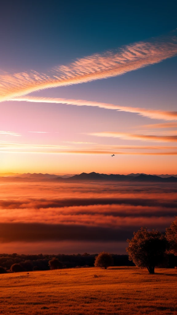 Sky background evening time orange color clouds no buildings in the photo 4k ultra realistic birds shadow present 