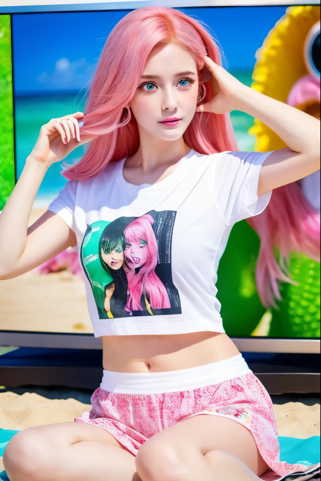 (4K), (Highest quality), (Best details), (Realistic)、A beautiful American girl watches a big screen TV on the beach under the hot sun、Pink Hair、Green Eyes、White t-shirt with cartoon print、Singing with a microphone