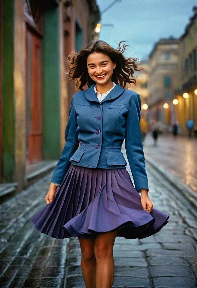 A smiling, authentic, (shy:1,3), kind, beautiful woman, is passionately in love with her skirt, wind lifts her skirt, wearing uniform jacket and very, very detailed (long (fully pleated) full circle skirt) and (low heeled court shoes), very, very intricate hyper-detailed symmetric (attractive graceful young feminine face) with (sad, tired eyes and a loving smile), very voluptuous breasts, full of empathy and compassion and love, (pronounced (feminine) features), (highly detailed ultra accurate realistic) hands and fingers, (windy), epic composition, highly detailed attributes, (35mm f1.4 Kodak portra 400 photograph), extremely high quality RAW photograph, highly detailed atmosphere, sci-fi, cinematic shot, dynamic lighting, 75mm, Technicolor, Panavision, cinemascope, sharp focus, fine details, 8k, HDR, realism, realistic, key visual, film still, superb cinematic color grading, depth of field