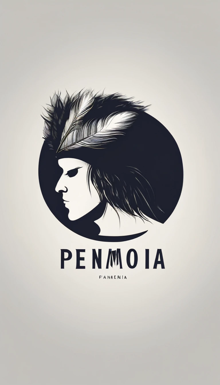 A minimal, modern, simple, cinematic logo design e of a boy with a head full of feathers for the brand “Penamemoria" .