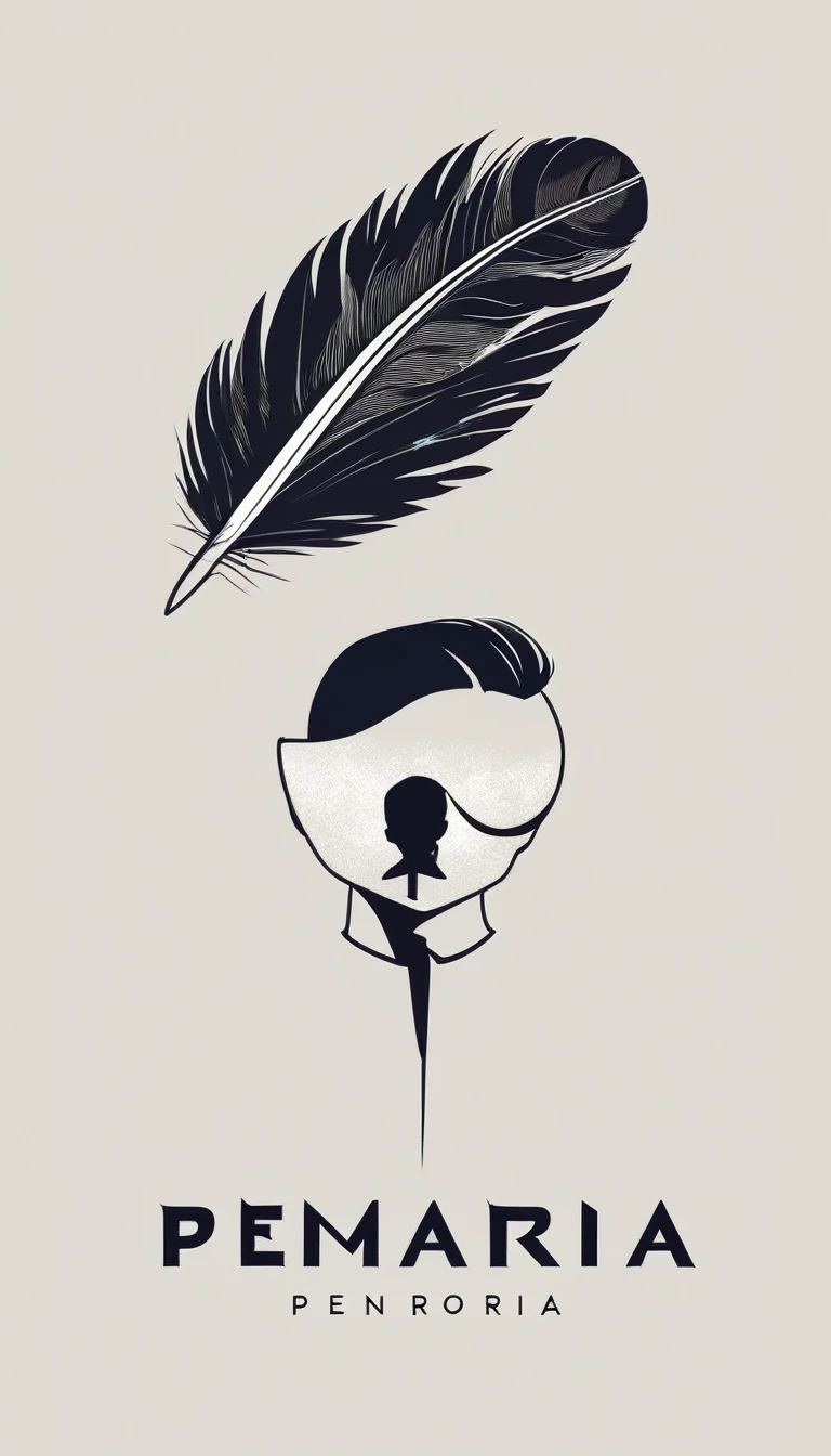 A minimal, modern, simple, cinematic logo design e of a boy with a head full of feathers for the brand “Penamemoria" .